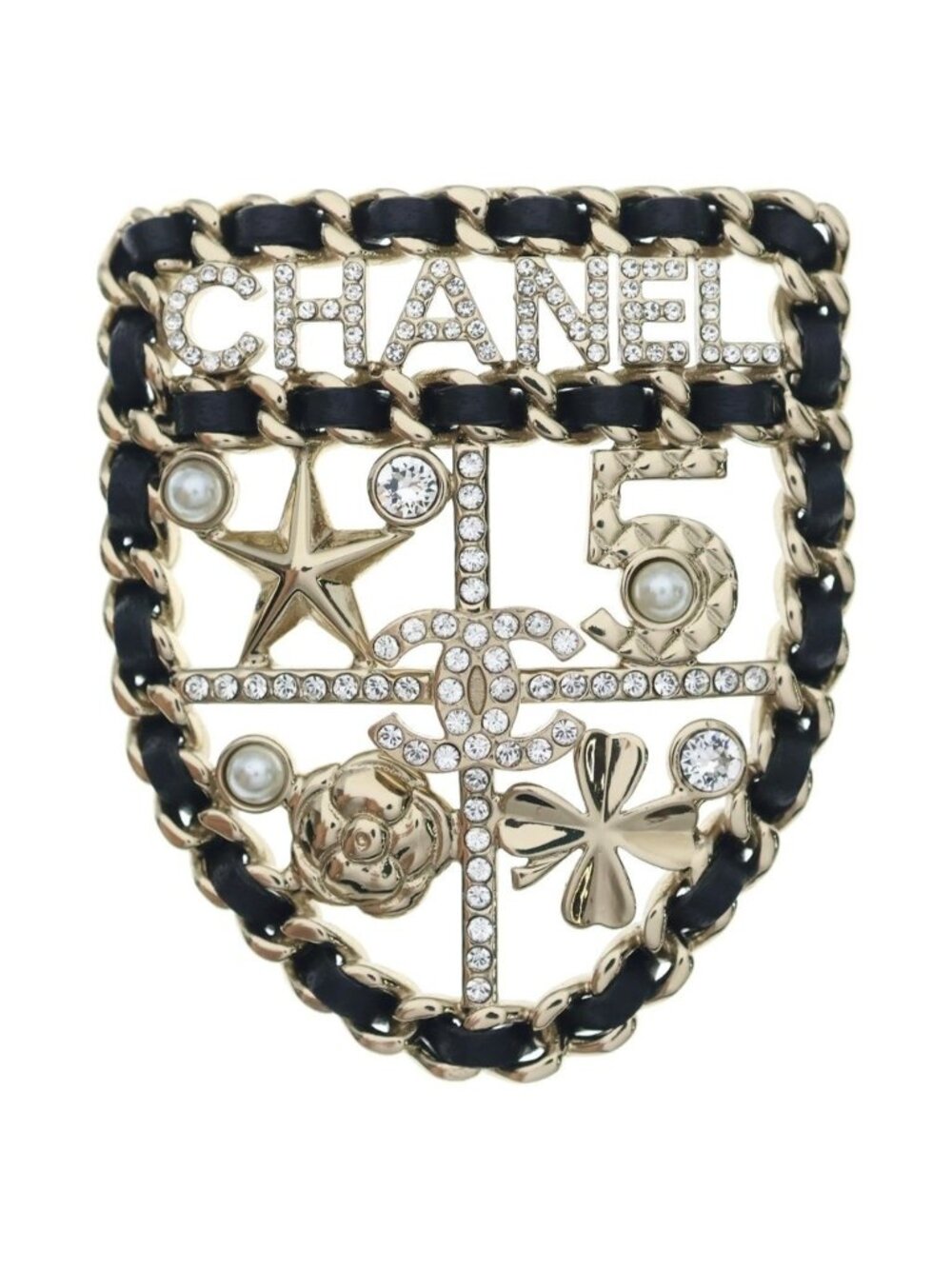 Chanel CC Logo No 5 Star Emblem Quilted Chain Brooch Gold Black